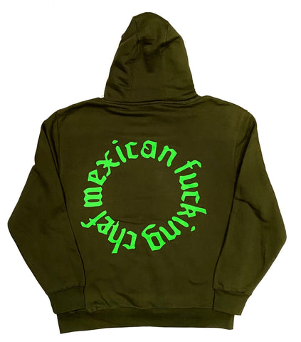 Mexican Fucking Chef  Round Logo Hoodie Olive Green / Lime Print