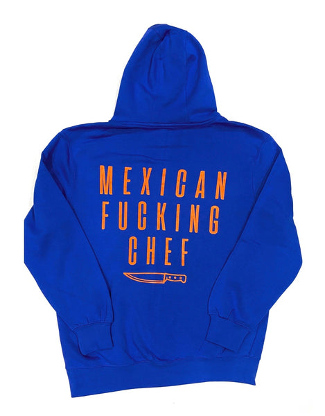 Mexican Fucking Chef  Jet Black  Premium Hoodie - Royal Blue / Orange Print