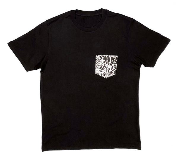 Premium Cut and Sew Black Pocket Tee - Leopard Black White  Pocket -